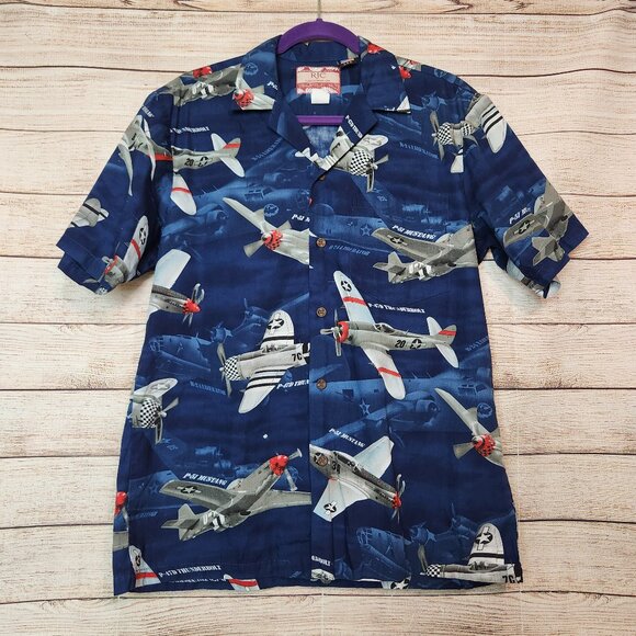 Vintage RJC Hawaiian Shirt Mens Medium Blue Fighter Jet Planes Button Down - Picture 1 of 14